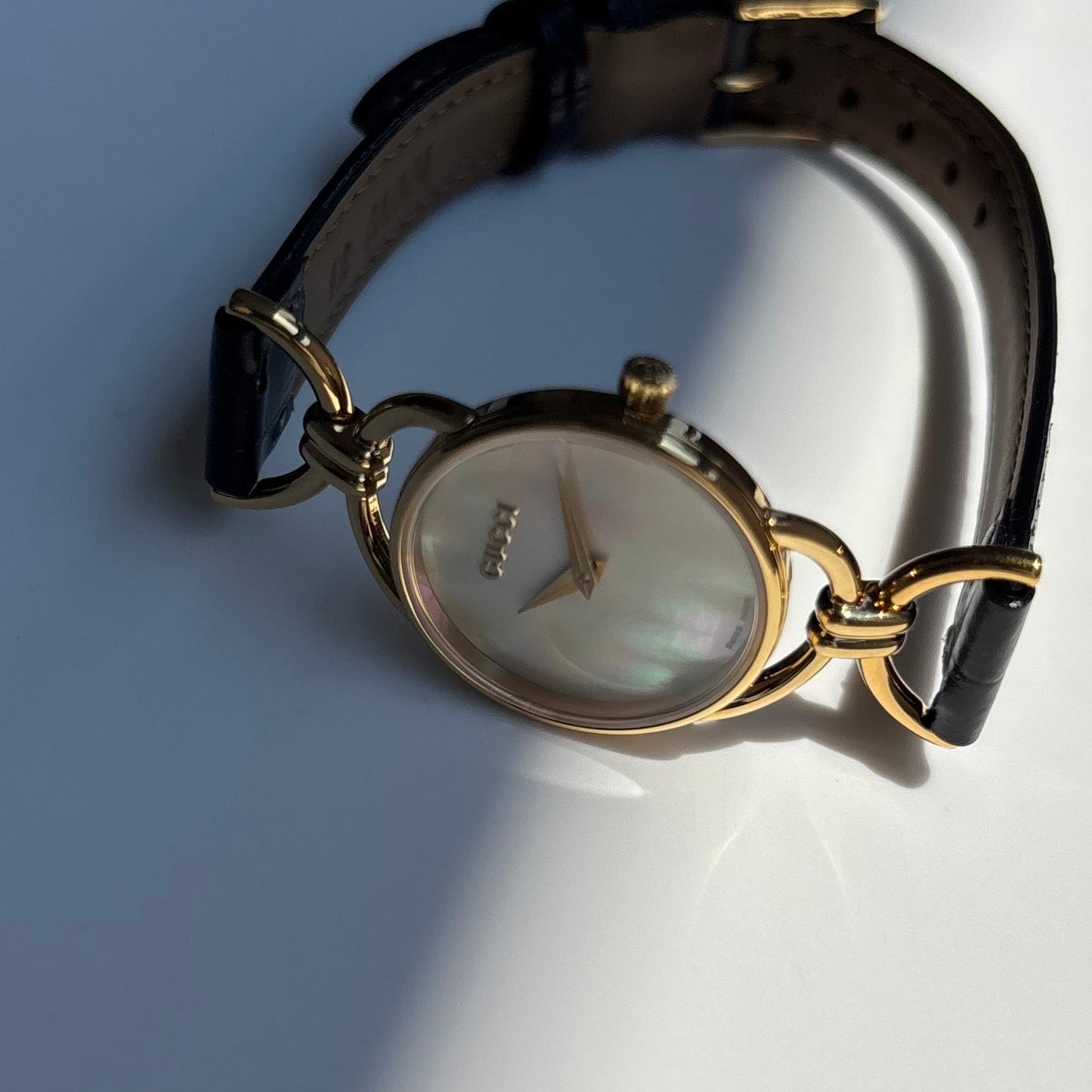 Gucci 1990s Seashell Dial Horsebit Gold Plated Watch