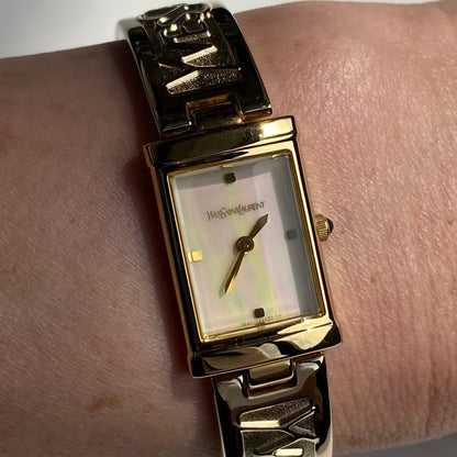 Yves Saint Laurent 1990s Seashell Dial Gold Plated Bangle Watch