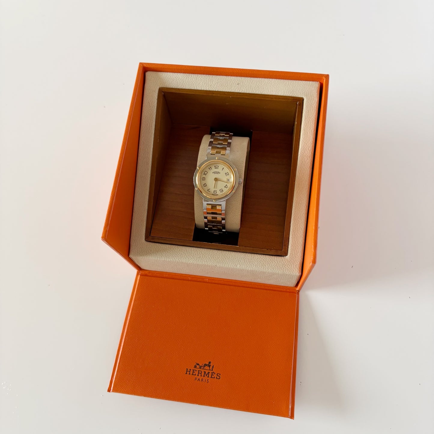 Hermes 1990s Cream Round Dial Gold Plated Two Tone Watch