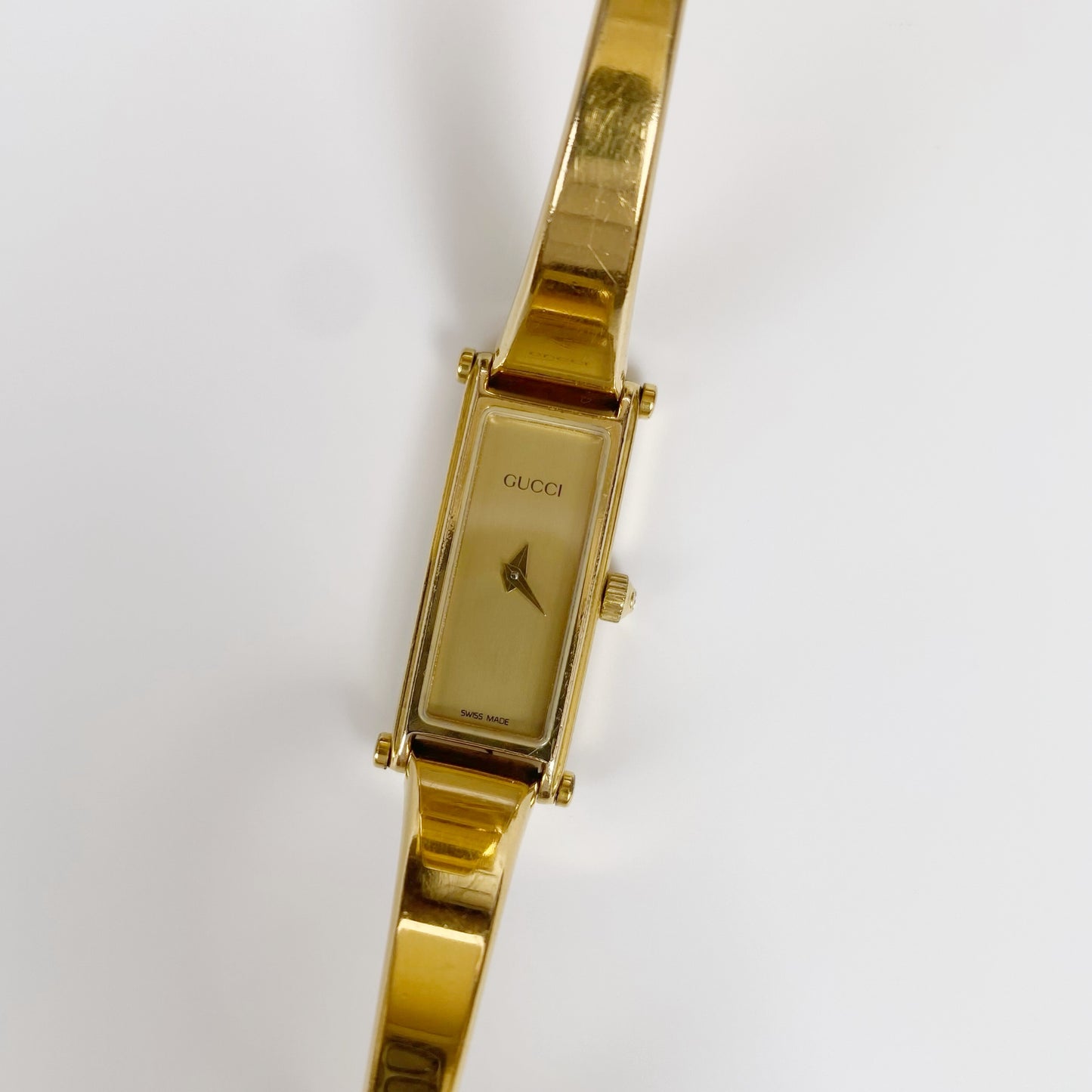 Gucci 1990s Rectangular Gold Plated Bangle Watch (Small)