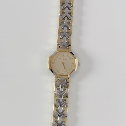 Yves Saint Laurent 1990s Octagon Gold Plated Two Tone Watch