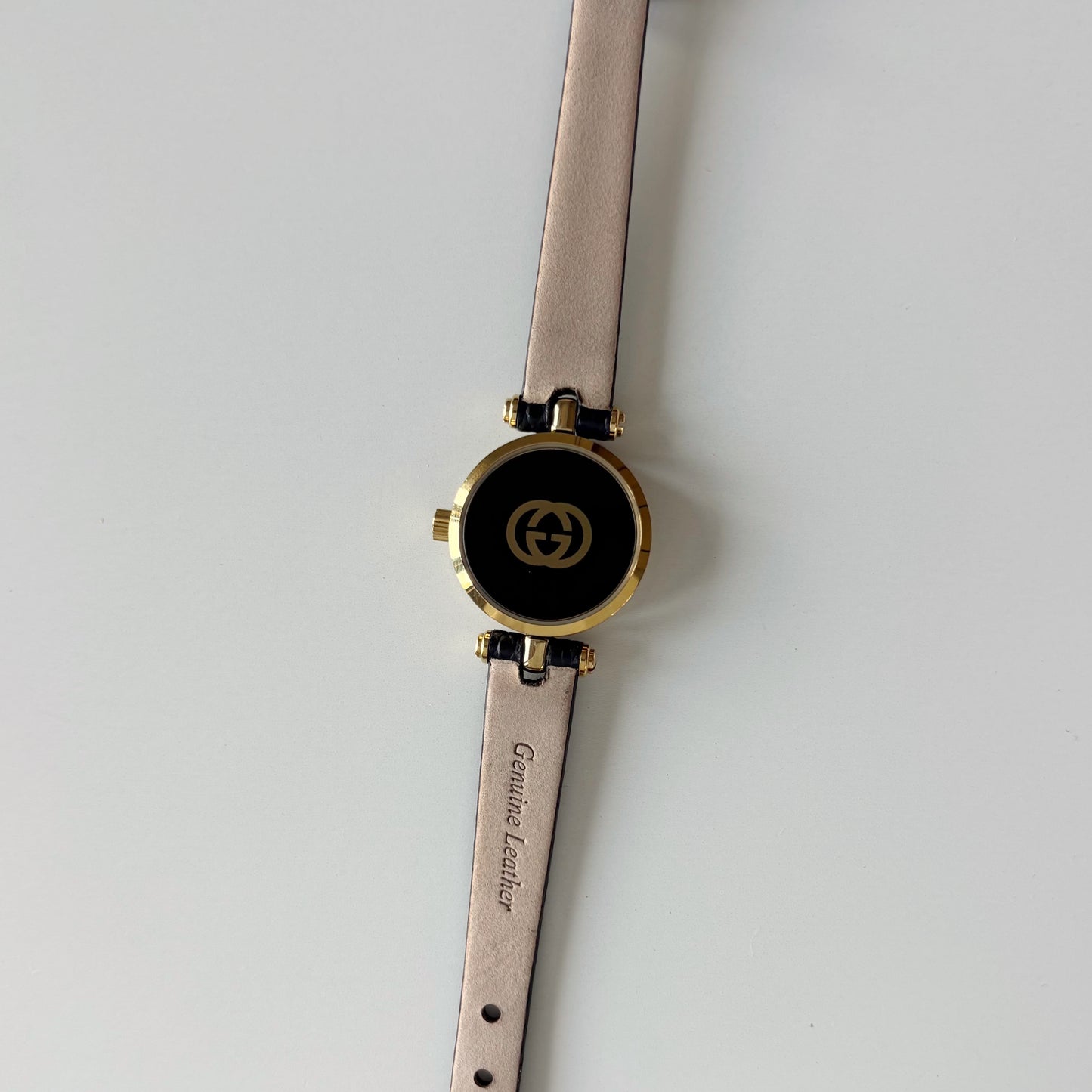 Gucci 1980s Black Round Dial Gold Plated Watch