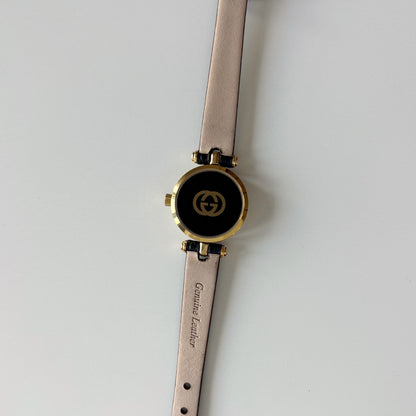 Gucci 1980s Black Round Dial Gold Plated Watch