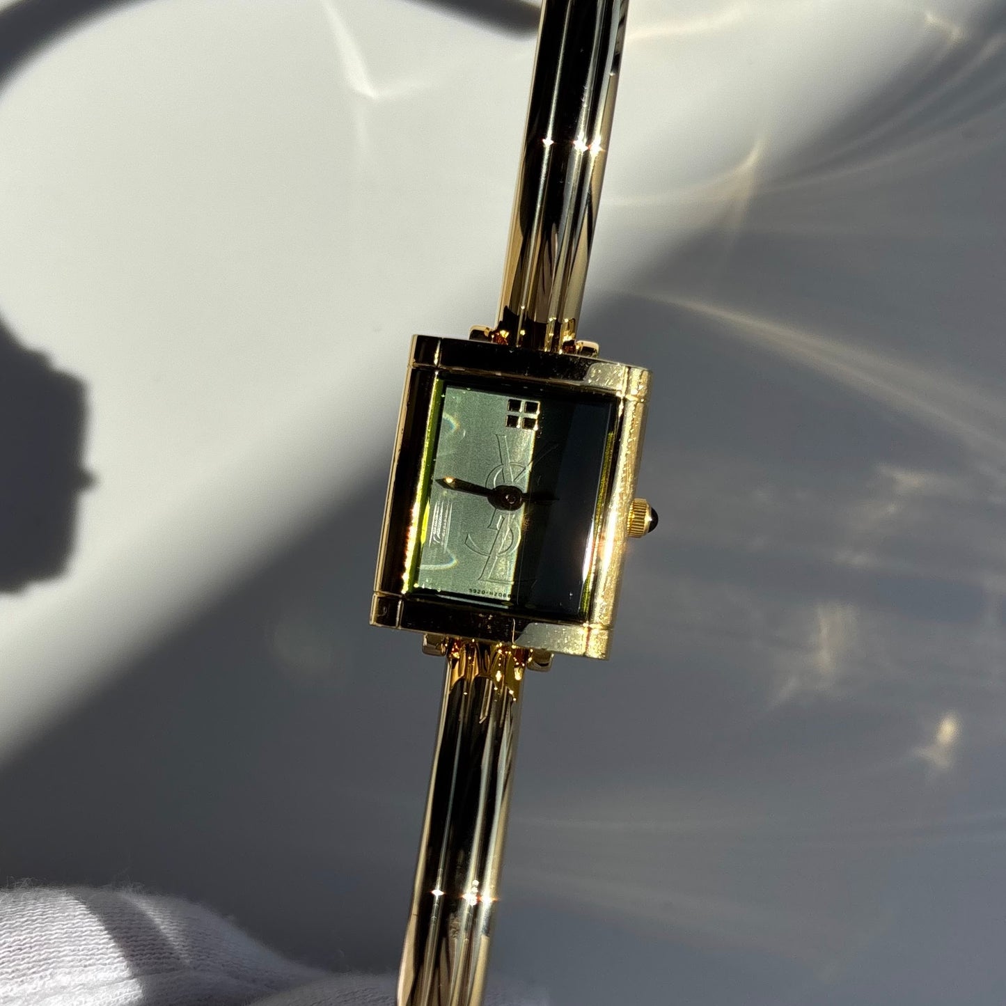 Yves Saint Laurent 1990s Green Dial Gold Plated Bangle Watch
