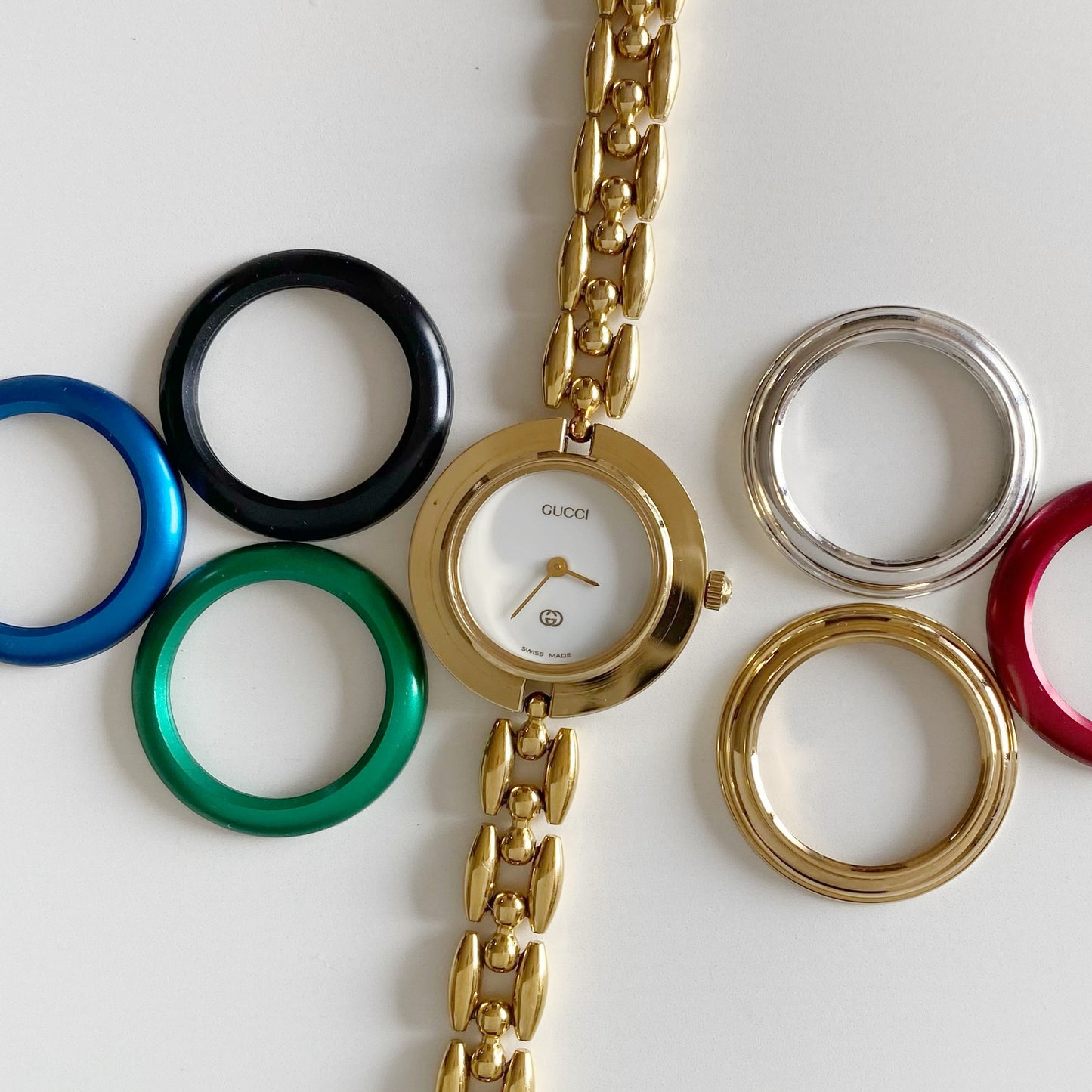 Gucci 1990s Interchangeable Bezel Gold Plated Watch with 6 bezels, case (167mm)