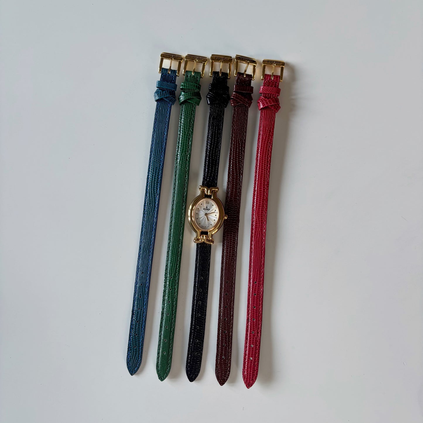 Fendi 1990s Interchangeable Strap Gold Plated Watch with 5 straps, case