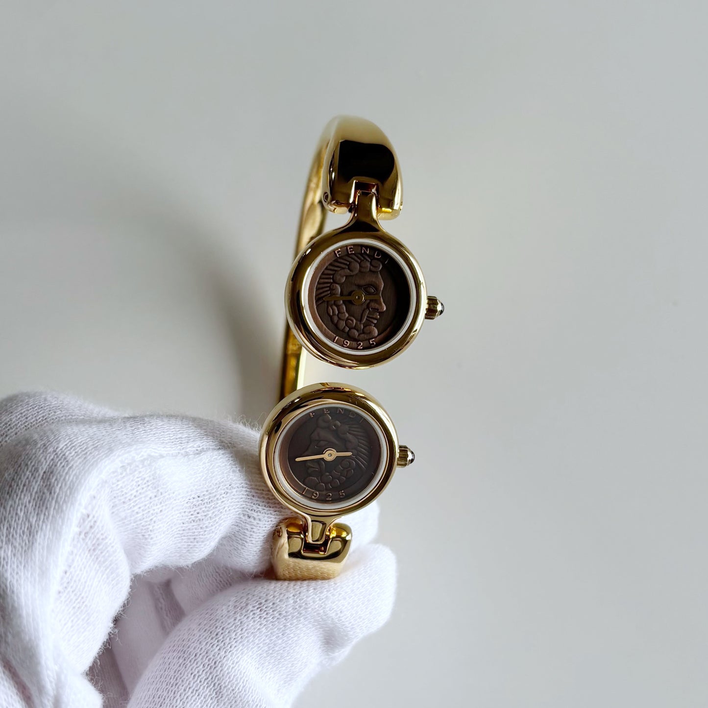 Fendi 1990s Seashell Dial Two Time Zone Gold Plated Bangle Watch