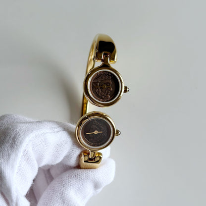Fendi 1990s Seashell Dial Two Time Zone Gold Plated Bangle Watch