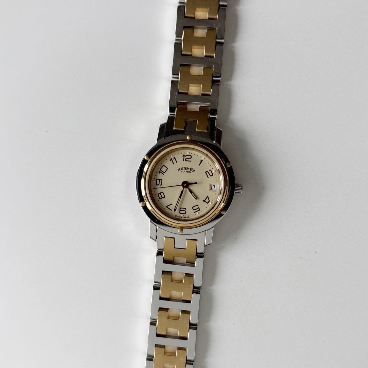 Hermes 1990s Clipper Date Round Dial Gold Plated Two Tone Watch