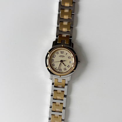 Hermes 1990s Clipper Date Round Dial Gold Plated Two Tone Watch