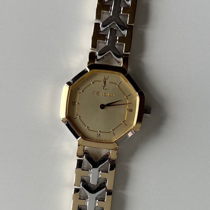 Yves Saint Laurent 1990s Octagon Gold Plated Two Tone Watch
