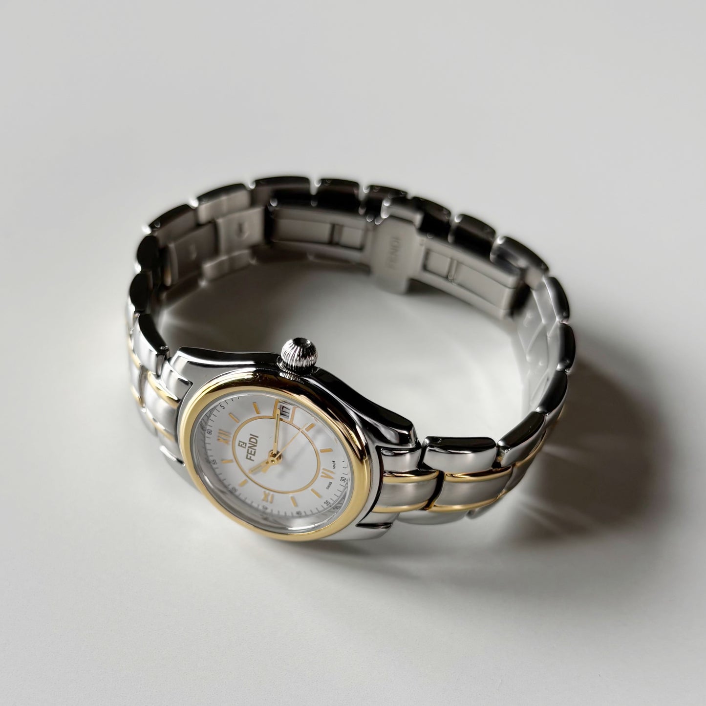 Fendi 1990s Round Dial Date Two Tone Gold Plated Watch