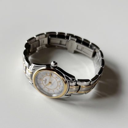 Fendi 1990s Round Dial Date Two Tone Gold Plated Watch