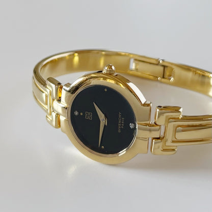 Givenchy 1990s Black Dial Gold Plated Bangle Watch