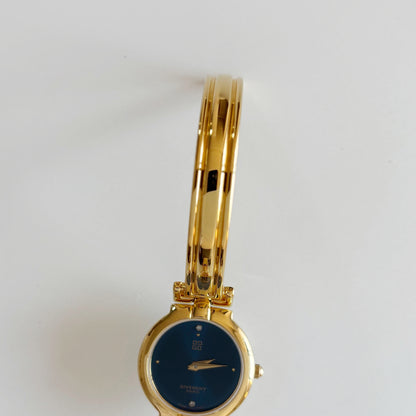 Givenchy 1990s Navy Round Dial Gold Plated Bangle Watch