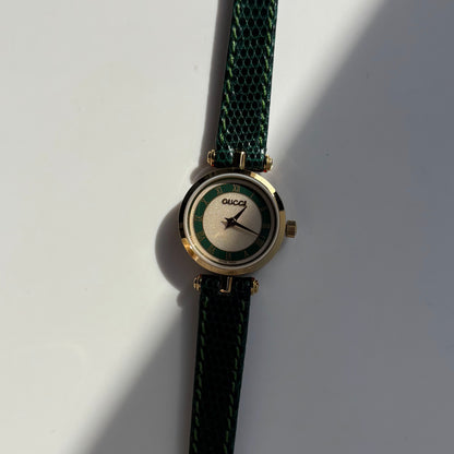 Gucci 1990s Round Dial Green Gold Plated Watch