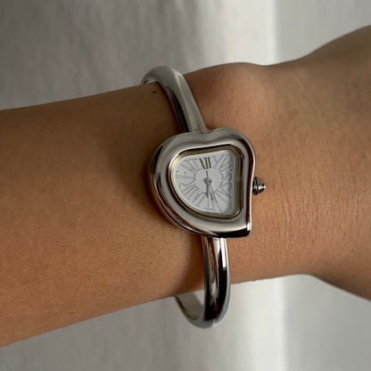 Yves Saint Laurent 1990s Heart Shaped Dial Silver Bangle Watch