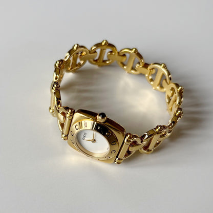 Gucci 1990s Seashell Dial Horsebit Gold Plated Watch