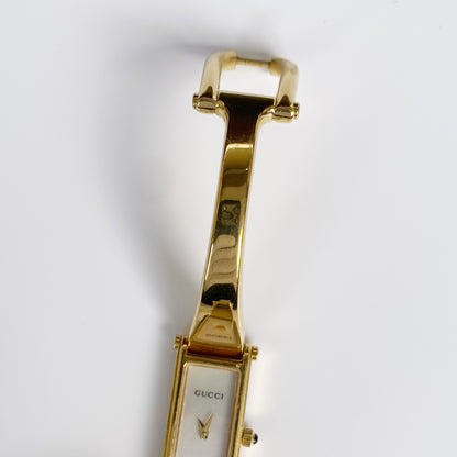 Gucci 1990s Seashell Dial Rectangular Gold Plated Bangle Watch (Small)