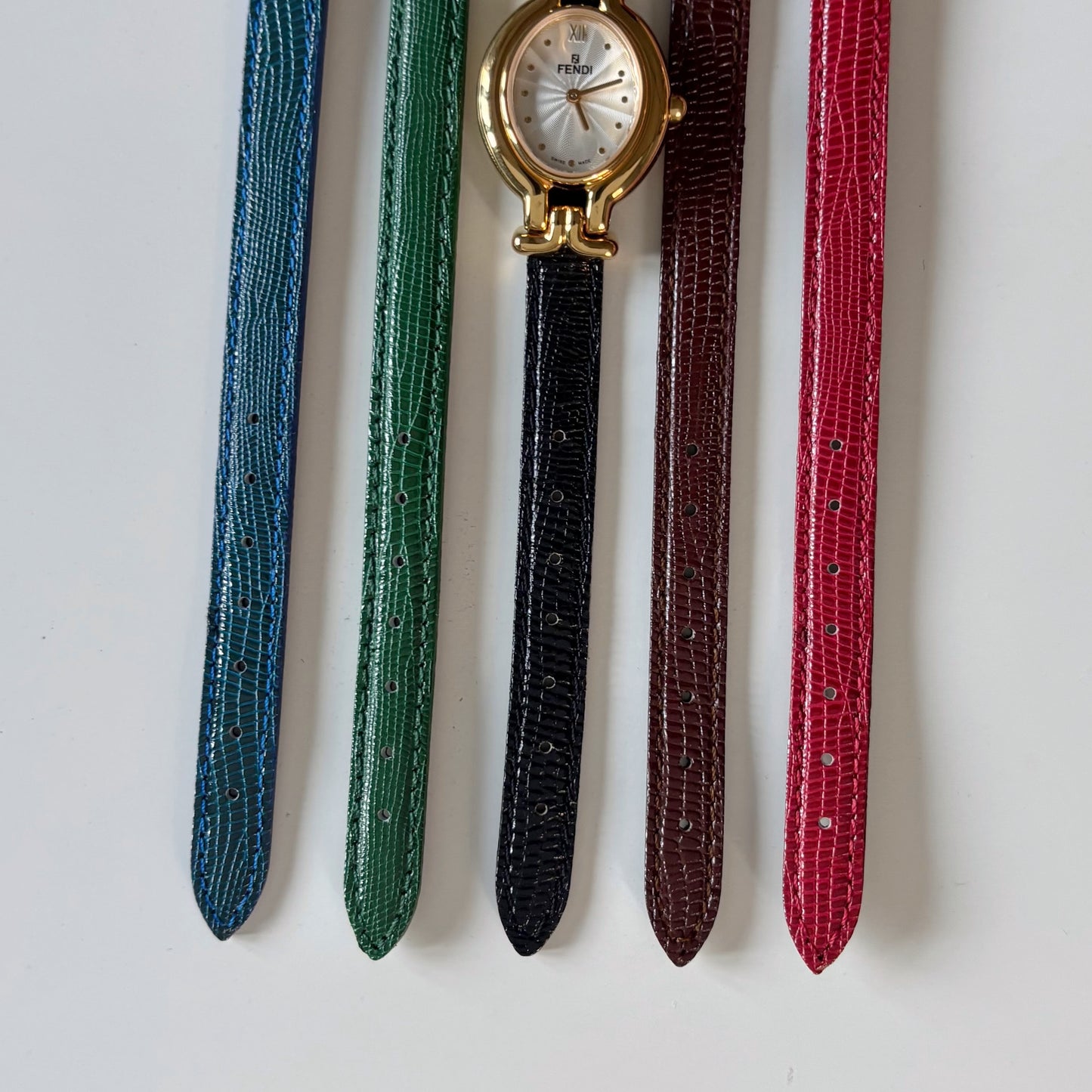 Fendi 1990s Interchangeable Strap Gold Plated Watch with 5 straps, case