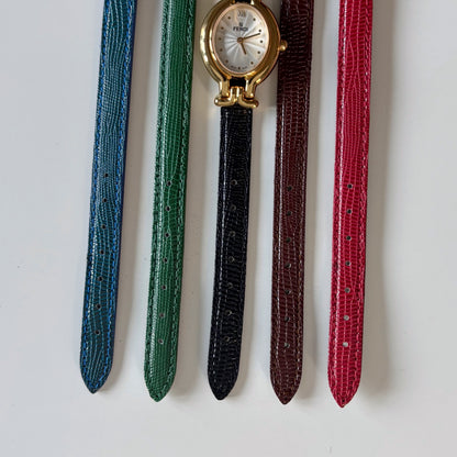 Fendi 1990s Interchangeable Strap Gold Plated Watch with 5 straps, case
