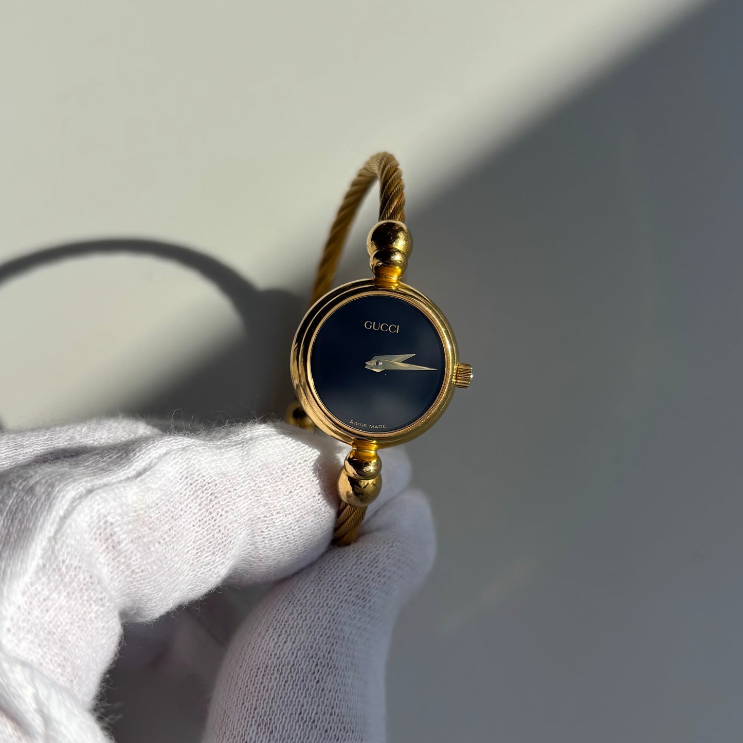 Gucci 1990s Black Dial Gold Plated Cable Bangle Watch