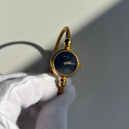 Gucci 1990s Black Dial Gold Plated Cable Bangle Watch
