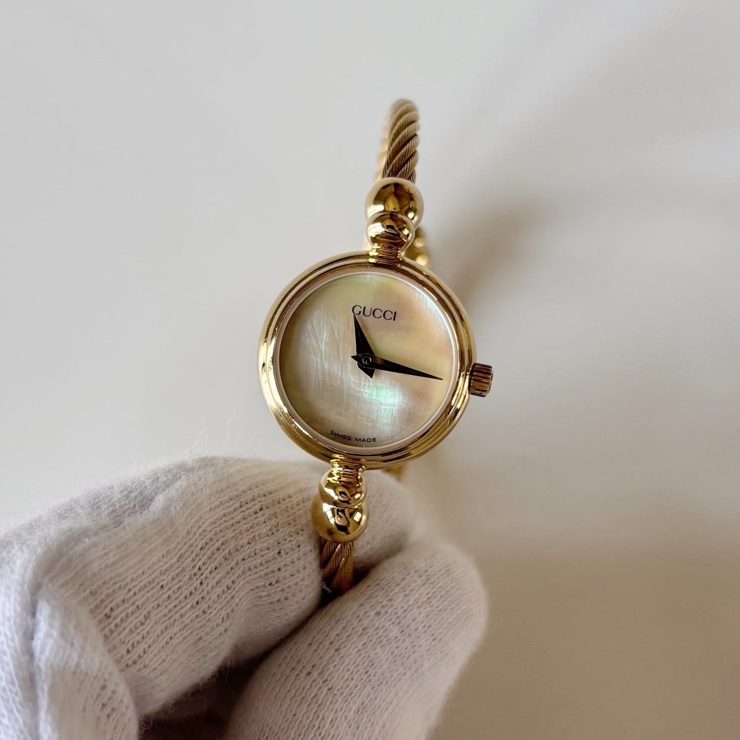 Gucci 1990s Seashell Dial Gold Plated Cable Bangle Watch