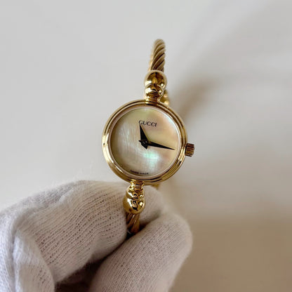 Gucci 1990s Seashell Dial Gold Plated Cable Bangle Watch