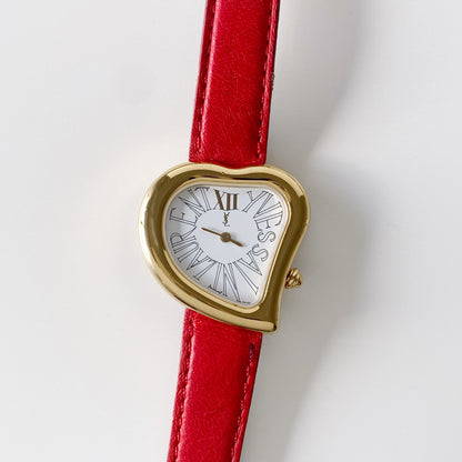 Yves Saint Laurent 1990s Heart Shaped Gold Plated Red Watch