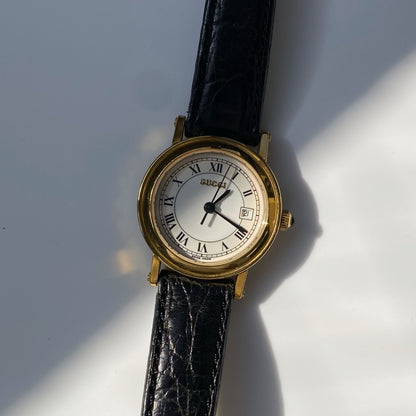 Gucci 1990s Gold Plated Date Round Watch