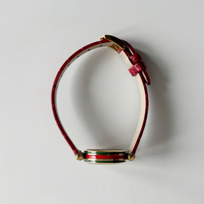 Gucci 1990s Red Round Dial Gold Plated Watch