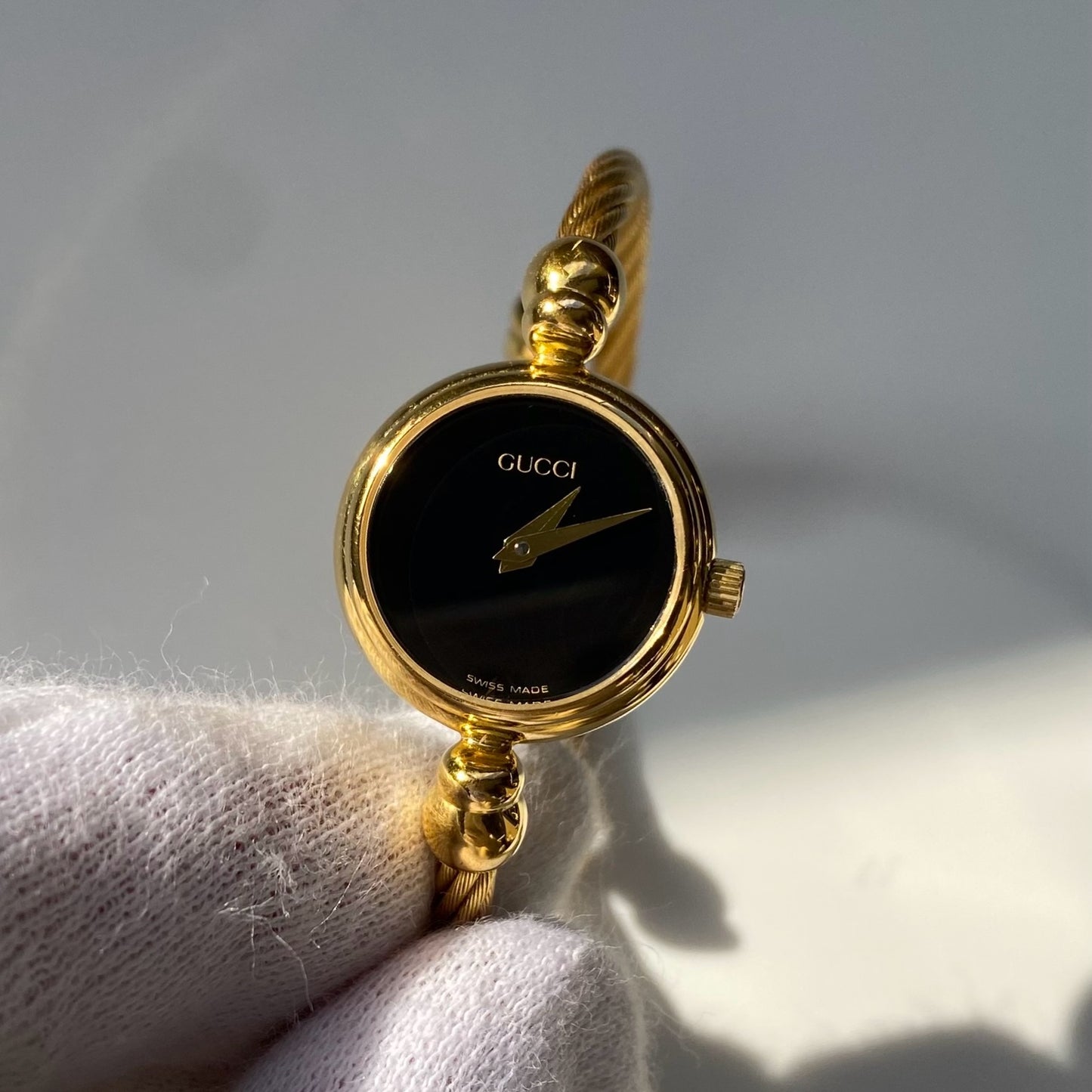 Gucci 1990s Black Dial Gold Plated Cable Bangle Watch