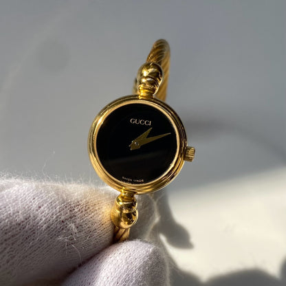 Gucci 1990s Black Dial Gold Plated Cable Bangle Watch