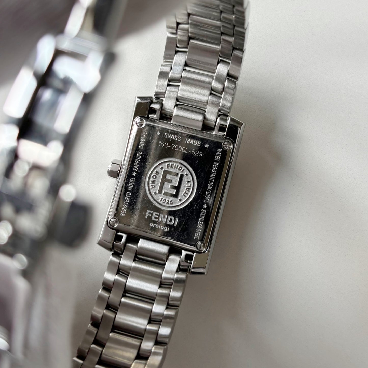 Fendi 1990s Seashell Dial Tank Silver Watch