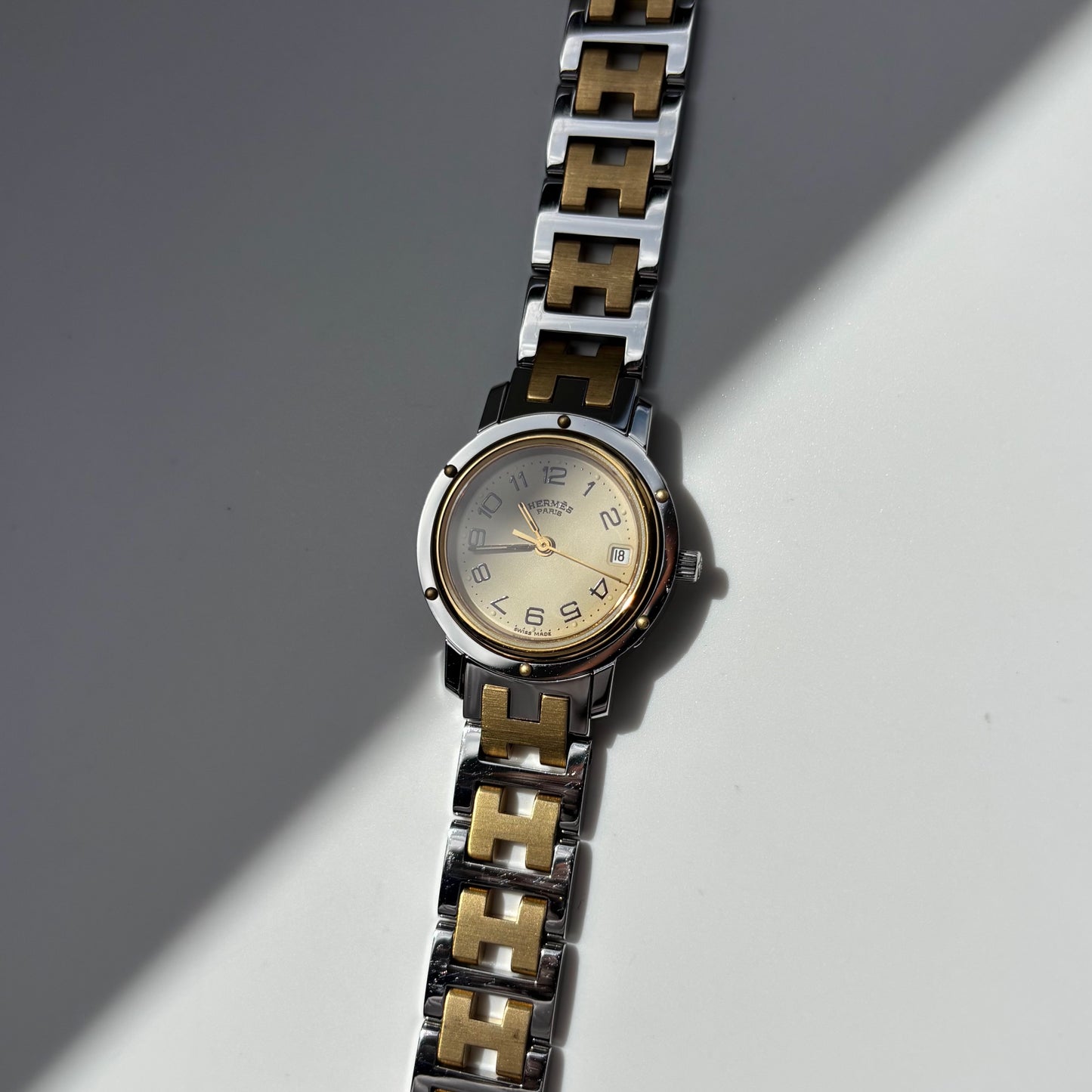 Hermes 1990s Clipper Date Round Dial Gold Plated Two Tone Watch