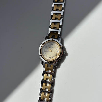 Hermes 1990s Clipper Date Round Dial Gold Plated Two Tone Watch
