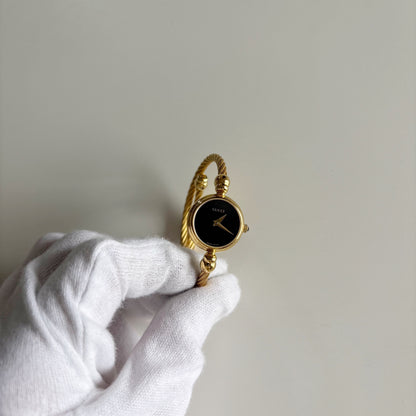 Gucci 1990s Black Dial Gold Plated Cable Band Bangle Watch
