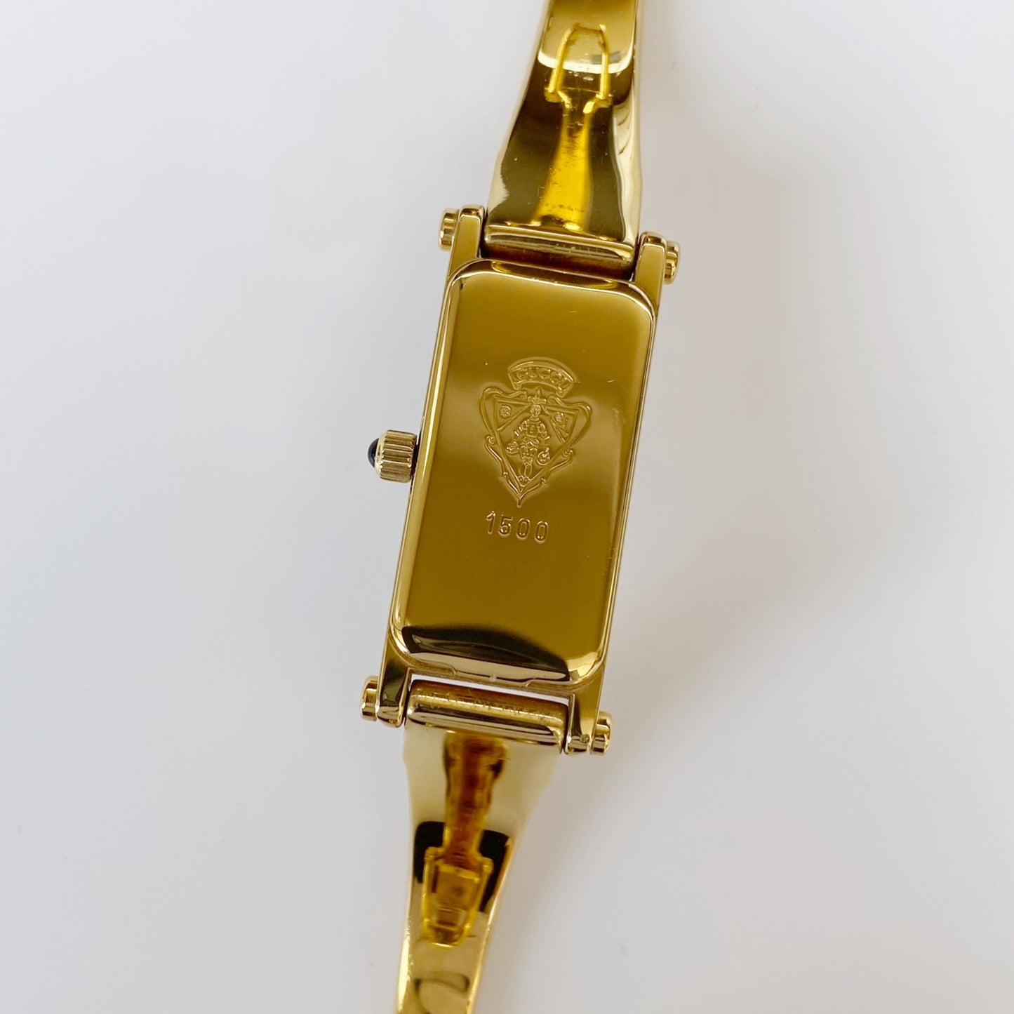 Gucci 1990s Rectangular Black Dial Gold Plated Bangle Watch