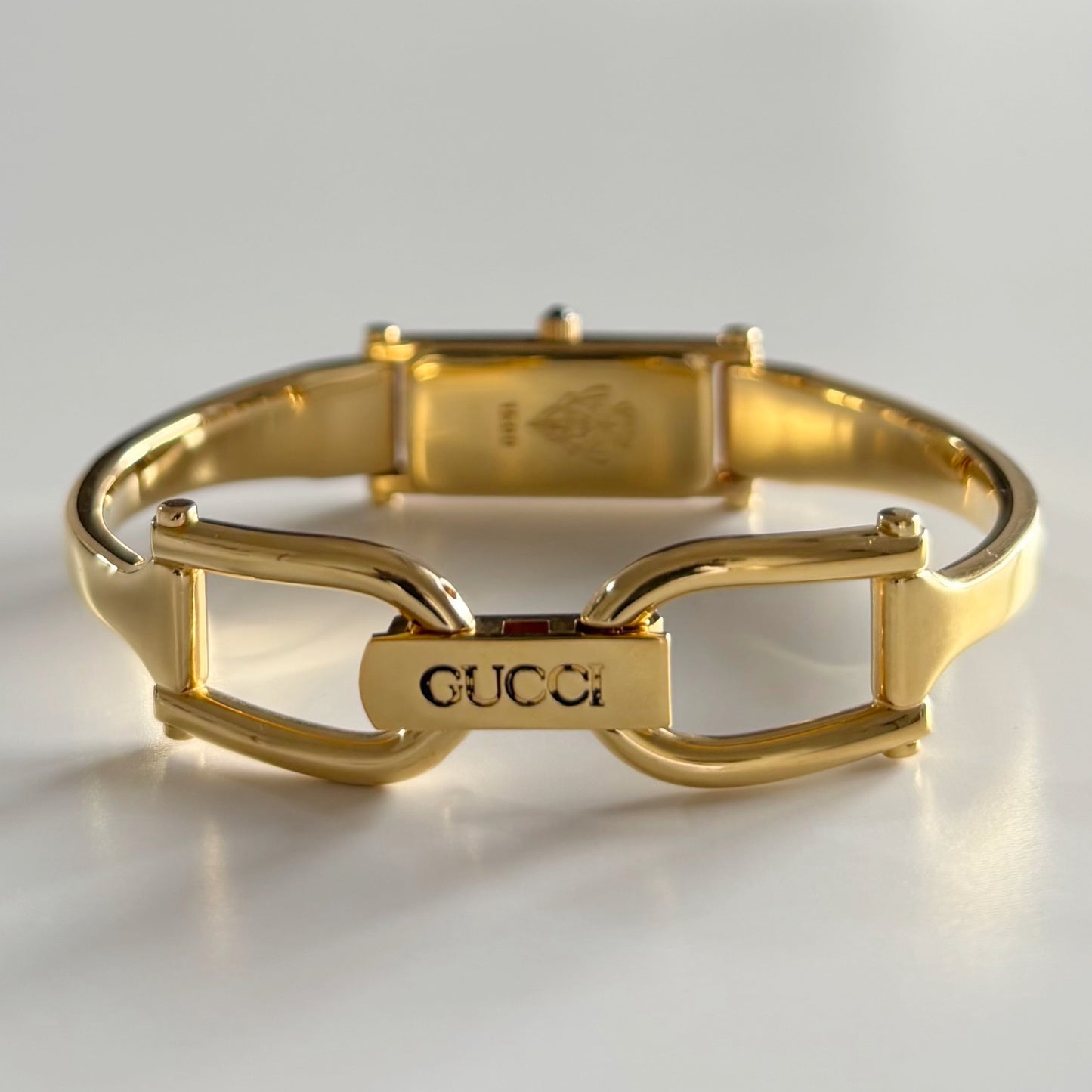 Gucci 1990s Rectangular Seashell Dial Gold Plated Bangle Watch