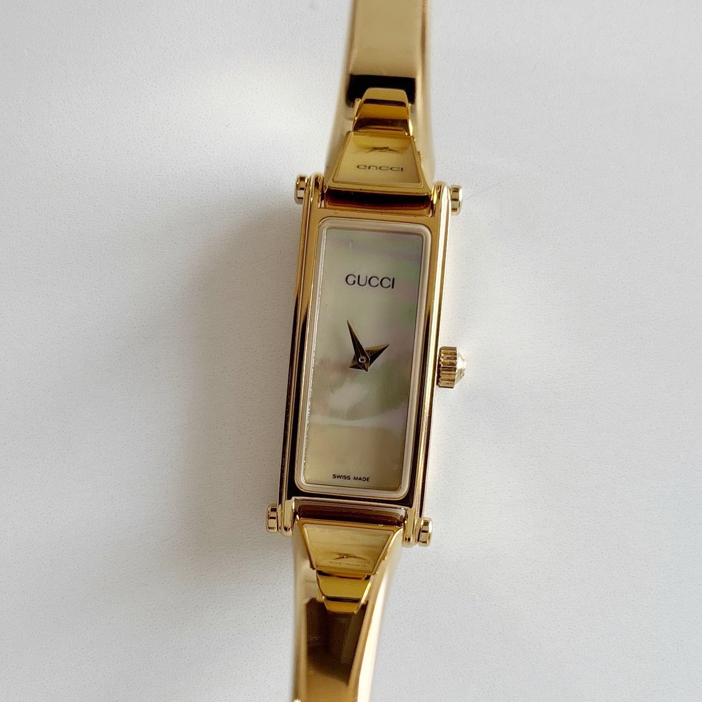 Gucci 1990s Seashell Rectangular Dial Gold Plated Bangle Watch