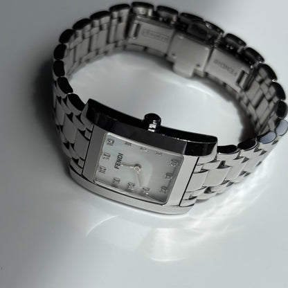 Fendi 1990s Seashell Dial Tank Silver Watch