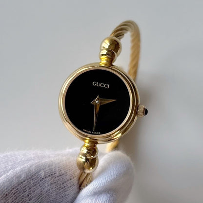 Gucci 1990s Black Dial Gold Plated Cable Bangle Watch