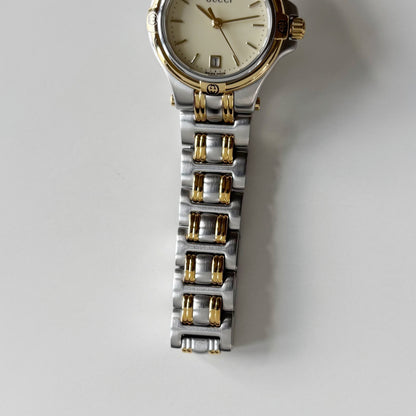 Gucci 1990s Date Round Dial Two Tone Gold Plated Watch
