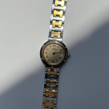 Hermes 1990s Cream Round Dial Gold Plated Two Tone Watch