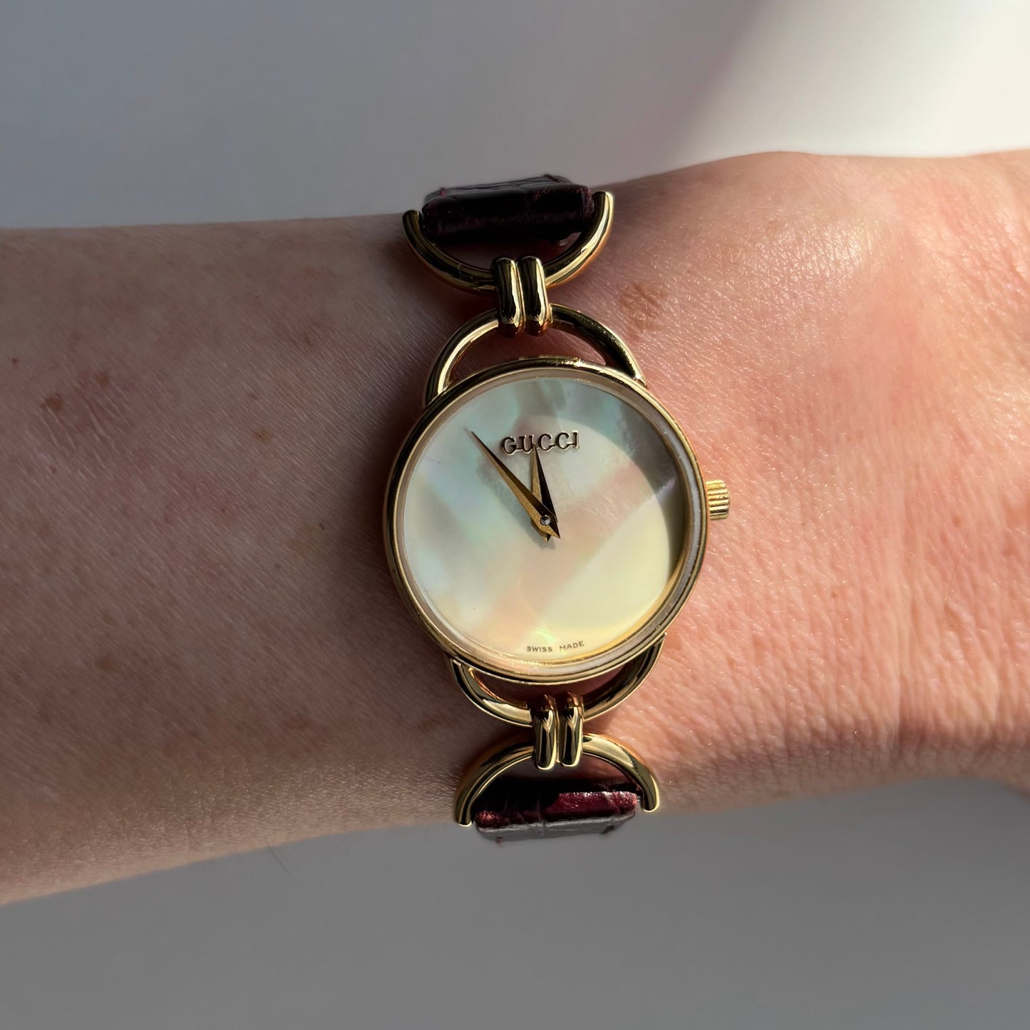 Gucci 1990s Seashell Dial Gold Plated Horsebit Watch