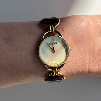 Gucci 1990s Seashell Dial Gold Plated Horsebit Watch
