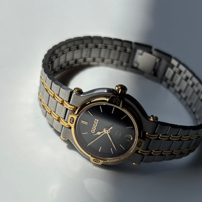 Gucci 1990s Black Dial Gold Plated Two Tone Watch