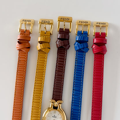 Fendi 1990s Interchangeable Strap Gold Plated Watch with 5 straps, case