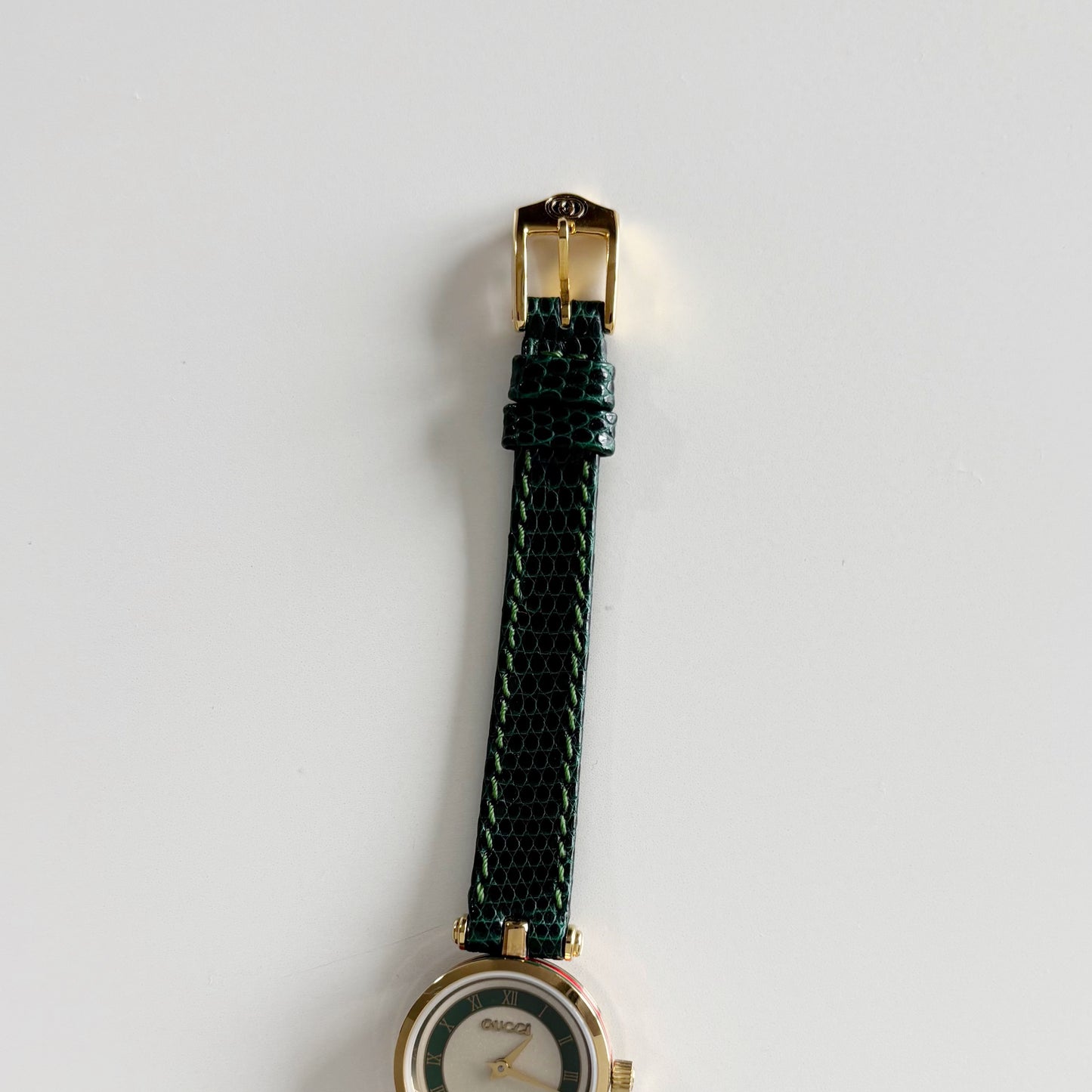 Gucci 1990s Round Dial Green Gold Plated Watch